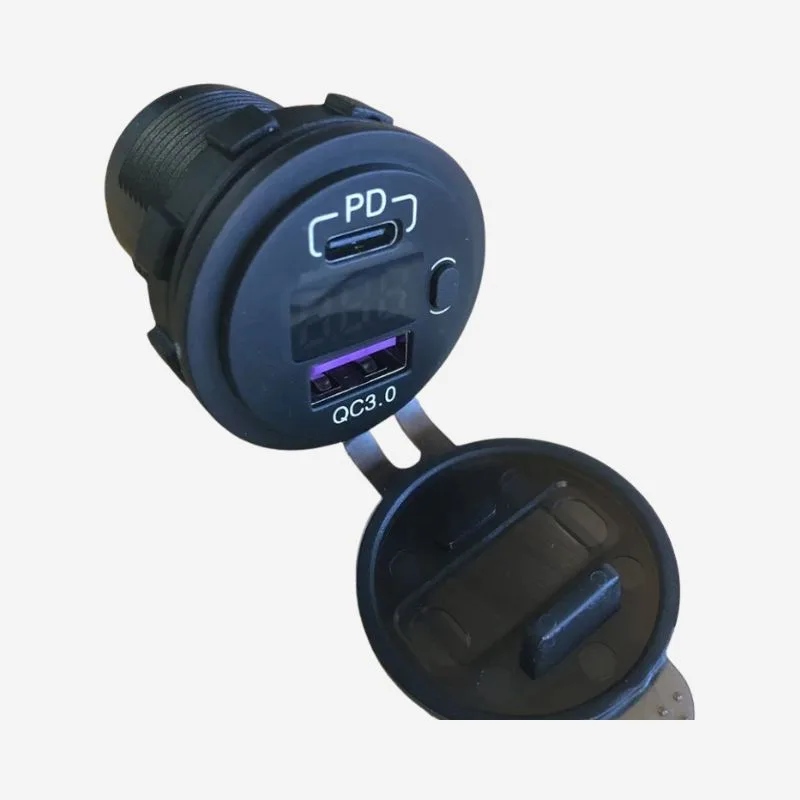 Dual USB quick charge 3.0 and USB-C PD 3.0 chargers with voltmeter and on / off switch